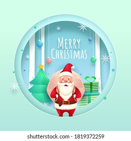 Paper Cut Circle Shape Background Decorated with Hanging Baubles, Snowflakes, Gift Boxes, Xmas Tree and Santa Claus Lifting a Heavy Bag for Merry Christmas Celebration.