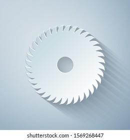 Paper cut Circular saw blade icon isolated on grey background. Saw wheel. Paper art style. Vector Illustration