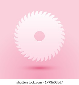 Paper cut Circular saw blade icon isolated on pink background. Saw wheel. Paper art style. Vector.