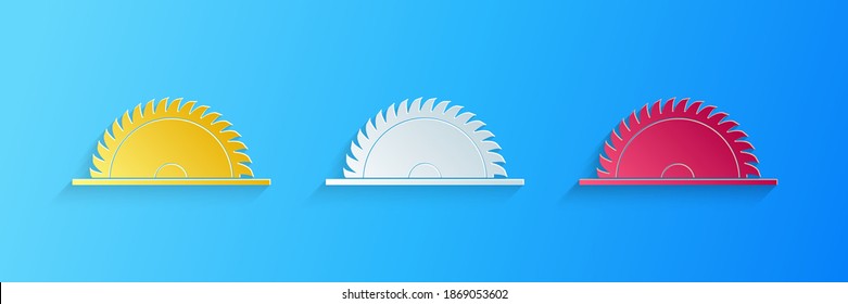 Paper cut Circular saw blade icon isolated on blue background. Saw wheel. Paper art style. Vector.