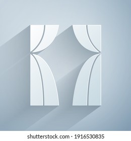 Paper cut Circus curtain raises icon isolated on grey background. For theater or opera scene backdrop, concert grand opening or cinema premiere. Paper art style. Vector