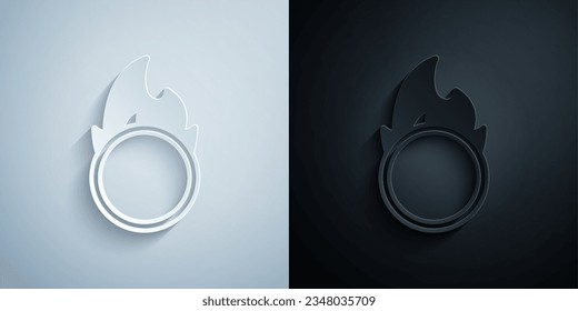 Paper cut Circus fire hoop icon isolated on grey and black background. Ring of fire flame. Round fiery frame. Paper art style. Vector