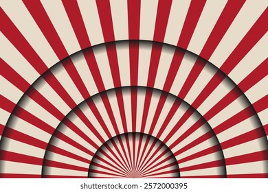 Paper cut circus stage. Funfair carnival or circus stage scene backdrop  with red and beige radial stripe pattern. Vector illustration