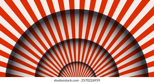 Paper cut circus stage with striped red and white lines curtains background. Papercut layers with stripe pattern. Vector background.