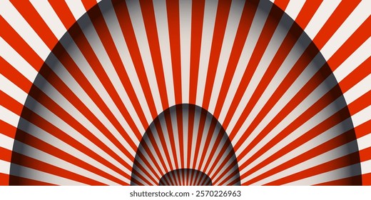 Paper cut circus stage with striped red and white lines curtains background. Papercut layers with stripe pattern. Vector background.