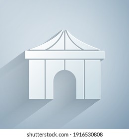 Paper cut Circus tent icon isolated on grey background. Carnival camping tent. Amusement park. Paper art style. Vector