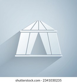 Paper cut Circus tent icon isolated on grey background. Carnival camping tent. Amusement park. Paper art style. Vector Illustration