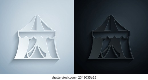 Paper cut Circus tent icon isolated on grey and black background. Carnival camping tent. Amusement park. Paper art style. Vector