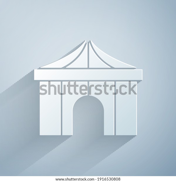 Paper cut\
Circus tent icon isolated on grey background. Carnival camping\
tent. Amusement park. Paper art style.\
Vector