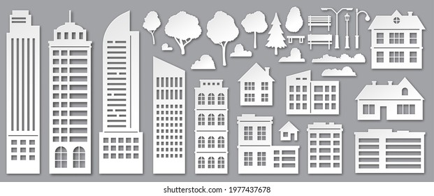 Paper cut city buildings. Origami skyscrapers, town houses, village cottages and park trees silhouettes. Urban landscape elements vector set. Illustration town architectural, tree and cloud