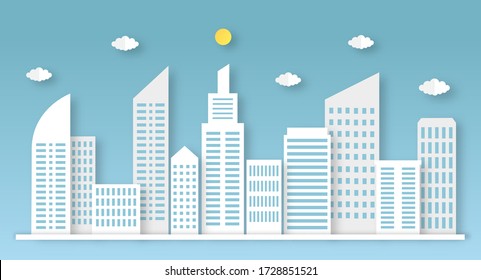 paper cut city in landscape paper art style. vector Illustration. 