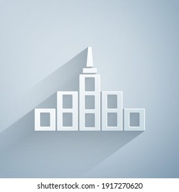 Paper cut City landscape icon isolated on grey background. Metropolis architecture panoramic landscape. Paper art style. Vector