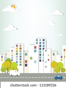 Paper cut city street. Vector image.