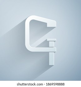 Paper cut Clamp and screw tool icon isolated on grey background. Locksmith tool. Paper art style. Vector