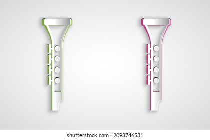 Paper cut Clarinet icon isolated on grey background. Musical instrument. Paper art style. Vector
