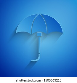 Paper cut Classic elegant opened umbrella icon isolated on blue background. Rain protection symbol. Paper art style. Vector Illustration