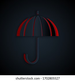 Papierschnitt Klassisch eleganter geöffneter Regenschirm Symbol einzeln auf schwarzem Hintergrund. Regenschutzsymbol. Kunststil aus Papier. Vektorillustration-Illustration