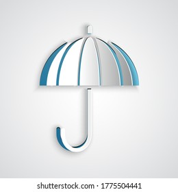 Paper cut Classic elegant opened umbrella icon isolated on grey background. Rain protection symbol. Paper art style. Vector Illustration
