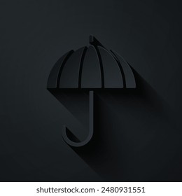 Paper cut Classic elegant opened umbrella icon isolated on black background. Rain protection symbol. Paper art style. Vector Illustration