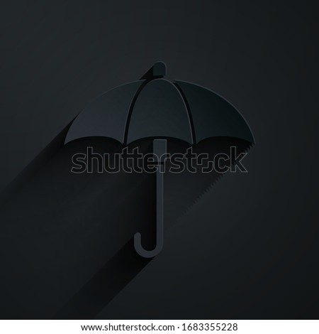 Paper cut Classic elegant opened umbrella icon isolated on black background. Rain protection symbol. Paper art style. Vector Illustration