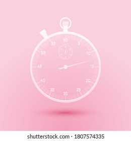 Recorte de papel Icono de cronómetro clásico aislado en fondo rosado. Icono de temporizador. Signo del cronómetro. Estilo de arte de papel. Vector.