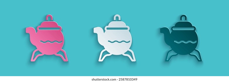 Paper cut Classic teapot icon isolated on blue background. Paper art style. Vector