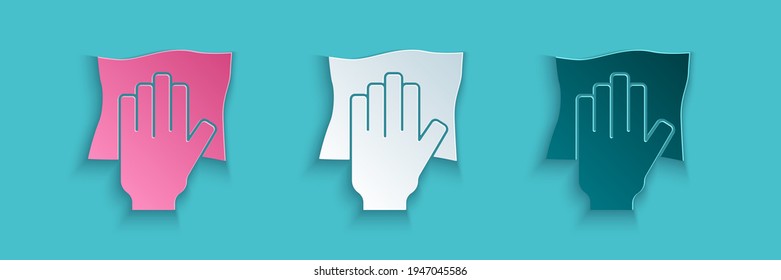 Paper cut Cleaning service icon isolated on blue background. Latex hand protection sign. Housework cleaning equipment symbol. Paper art style. Vector