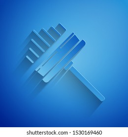 Paper cut Cleaning service with of rubber cleaner for windows icon isolated on blue background. Squeegee, scraper, wiper. Paper art style. Vector Illustration