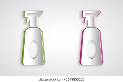 Paper cut Cleaning spray bottle with detergent liquid icon isolated on grey background. Paper art style. Vector