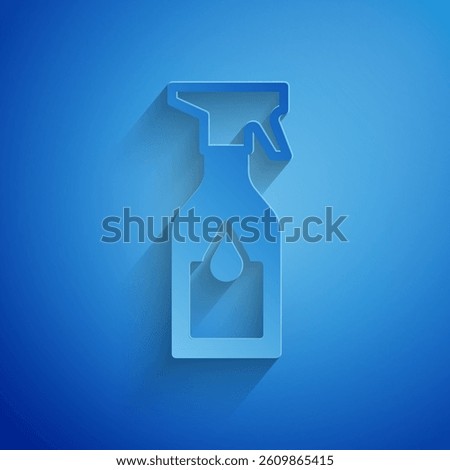 Paper cut Cleaning spray bottle with detergent liquid icon isolated on blue background. Paper art style. Vector