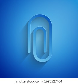 Paper cut Paper clip icon isolated on blue background. Paper art style. Vector Illustration