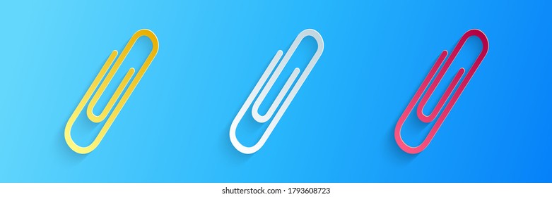 Paper cut Paper clip icon isolated on blue background. Paper art style. Vector.