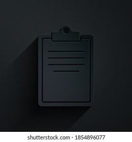 Paper cut Clipboard with checklist icon isolated on black background. Control list symbol. Survey poll or questionnaire feedback form. Paper art style. Vector