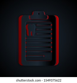 Paper cut Clipboard with dental card or patient medical records icon isolated on black background. Dental insurance. Dental clinic report. Paper art style. Vector Illustration