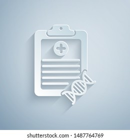 Paper cut Clipboard with DNA analysis icon isolated on grey background. Genetic engineering, genetics testing, cloning, paternity testing. Paper art style. Vector Illustration