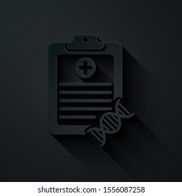 Paper cut Clipboard with DNA analysis icon isolated on black background. Genetic engineering, genetics testing, cloning, paternity testing. Paper art style. Vector Illustration
