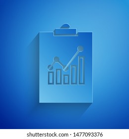 Paper cut Clipboard with graph chart icon isolated on blue background. Report text file icon. Accounting sign. Audit, analysis, planning. Paper art style. Vector Illustration