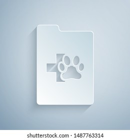 Paper cut Clipboard with medical clinical record pet icon isolated on grey background. Health insurance form. Medical check marks report. Paper art style. Vector Illustration