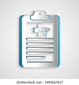 Paper cut Clipboard with medical clinical record pet icon isolated on grey background. Health insurance form. Medical check marks report. Paper art style. Vector Illustration
