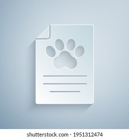Paper cut Clipboard with medical clinical record pet icon isolated on grey background. Health insurance form. Medical check marks report. Paper art style. Vector