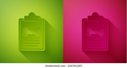 Paper cut Clipboard with medical clinical record pet icon isolated on green and pink background. Health insurance form. Medical check marks report. Paper art style. Vector
