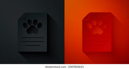 Paper cut Clipboard with medical clinical record pet icon isolated on black and red background. Health insurance form. Medical check marks report. Paper art style. Vector