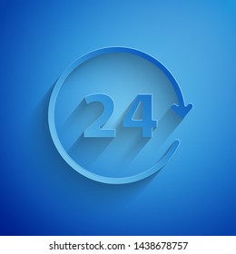 Paper cut Clock 24 hours icon isolated on blue background. All day cyclic icon. 24 hours service symbol. Paper art style. Vector Illustration