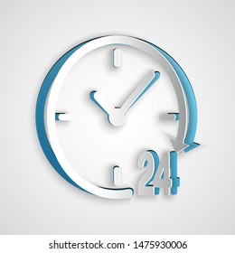 Paper cut Clock 24 hours icon isolated on grey background. All day cyclic icon. 24 hours service symbol. Paper art style. Vector Illustration