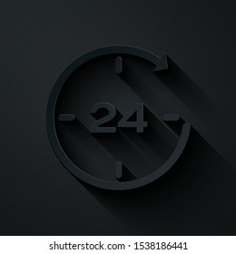 Paper cut Clock 24 hours icon isolated on black background. All day cyclic icon. 24 hours service symbol. Paper art style. Vector Illustration