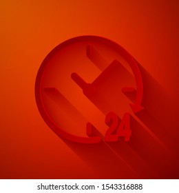 Paper cut Clock 24 hours icon isolated on red background. All day cyclic icon. 24 hours service symbol. Paper art style. Vector Illustration