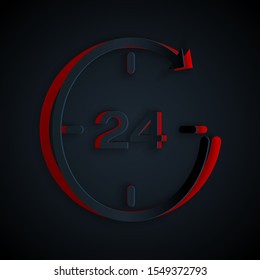 Paper cut Clock 24 hours icon isolated on black background. All day cyclic icon. 24 hours service symbol. Paper art style. Vector Illustration