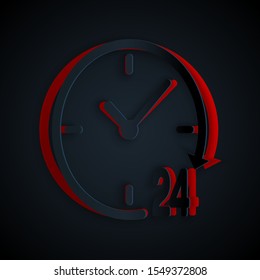 Paper cut Clock 24 hours icon isolated on black background. All day cyclic icon. 24 hours service symbol. Paper art style. Vector Illustration