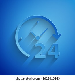 Paper cut Clock 24 hours icon isolated on blue background. All day cyclic icon. 24 hours service symbol. Paper art style. Vector Illustration