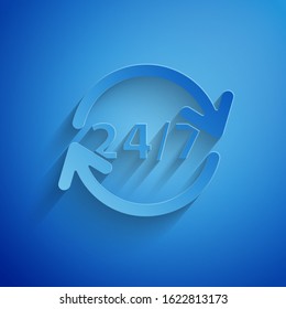 Paper cut Clock 24 hours icon isolated on blue background. All day cyclic icon. 24 hours service symbol. Paper art style. Vector Illustration